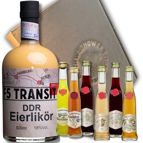 Präsent DDR Eierlikör + 6 Kleine Liköre (Mix) - Eierlikör nach DDR-Rezept + Likör: Weinbergpfirsich, Kirsche, Heidelbeere, Wildpflaume, Limoncello, Sanddorn + Gutschein Brennereiführung von Schwechower Obstbrennerei GmbH