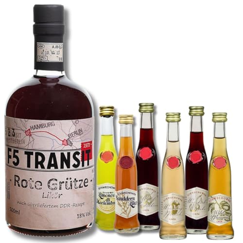 Rote Grütze Fruchtlikör + 6 Kleine Liköre (Mix) - Himbeere-Vanille, Weinbergpfirsich, Kirsche, Heidelbeere, Wildpflaume, Limoncello, Sanddorn + Gutschein Brennereiführung von Schwechower Obstbrennerei GmbH