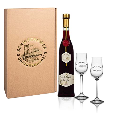 Schwechower Likör Weichselkirsche 0,5l + 2 Bouquetgläser Geschenkkarton (22% Vol.) - Geschenkset, Präsent 500ml von Schwechower Obstbrennerei GmbH