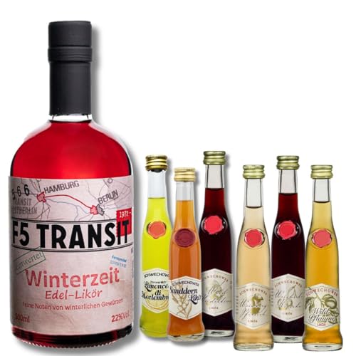 Winterzeit Edel-Likör + 6 Kleine Liköre (Mix) - Himbeere-Vanille, Weinbergpfirsich, Kirsche, Heidelbeere, Wildpflaume, Limoncello, Sanddorn + Gutschein Brennereiführung von Schwechower Obstbrennerei GmbH