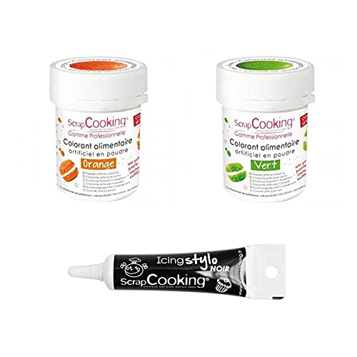 2 Lebensmittelfarben in Pulverform grün-orange + Icing schwarzen Stift von ScrapCooking