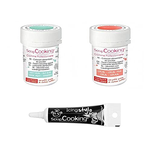 2 Lebensmittelfarben in Pulverform koralle-wasser grün + Icing schwarzen Stift von ScrapCooking