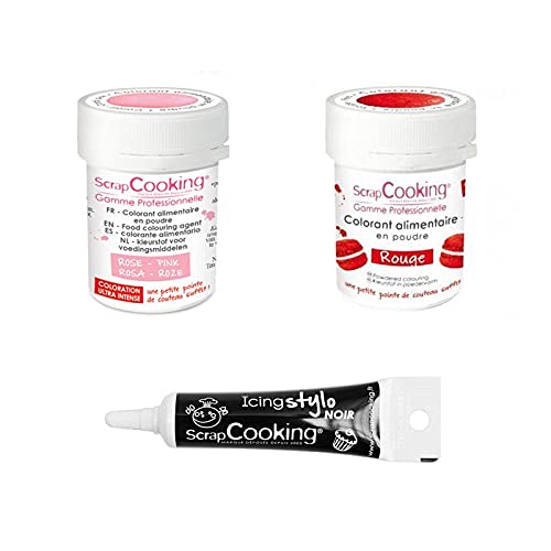 2 Lebensmittelfarben in Pulverform rot-puderrosa + Icing schwarzen Stift von ScrapCooking