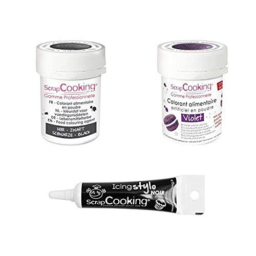 2 Lebensmittelfarben in Pulverform schwarz-lila + Icing schwarzen Stift von ScrapCooking