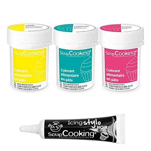 3 Lebensmittelfarbe Paste 20 g Fuchsia-Türkis-Zitrone + Icing schwarzen Stift von ScrapCooking