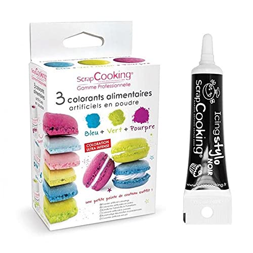 3 Lebensmittelfarben blau, grün, lila + Icing schwarzen Stift von ScrapCooking