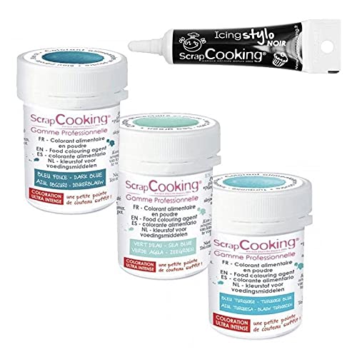 Set aus 3 Lebensmittelfarben Blautöne + Icing schwarzen Stift von ScrapCooking