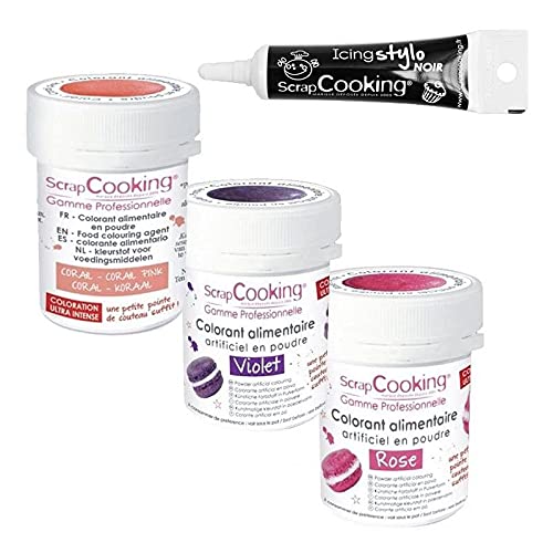 Set aus 3 Lebensmittelfarben Rosa, Lila, Koralle + Icing schwarzen Stift von ScrapCooking