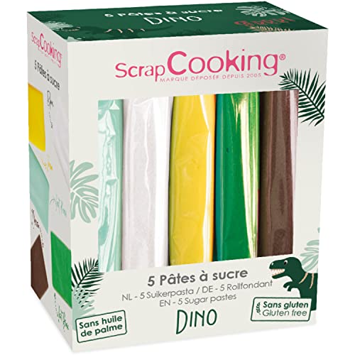 Set mit 5 Fondants – Wassergrüner Dinosaurier, weiß, gelb, dunkelgrün, braun von ScrapCooking