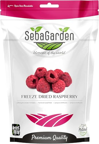 Seba Garden gefriergetrocknete ganze Himbeeren 100 g, 100% Himbeere, gentechnikfrei, perfekt zum Backen, ohne Zuckerzusatz, glutenfrei, vegan, perfekter gesunder Snack von Seba Garden