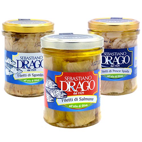 Trio filets in Olivenöl Sebastiano Drago: Makrelenfilets, Lachsfilets, Schwertfisch 200 gr x 3 von FOXCUP