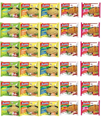 INDOMIE, Instant Nudeln Box, 30 verschiedene Sorten von Indomie Mi Goreng Pedas, Shrimps, Huhn, Gemüse Geschmack (30er Pack) von Sebuya