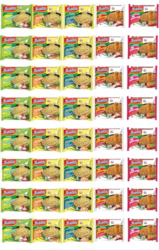 INDOMIE, Instant Nudeln Box, 5 verschiedene Sorten von Indomie Mi Goreng Pedas, Shrimps, Huhn, Gemüse Geschmack (40er Pack) von Sebuya