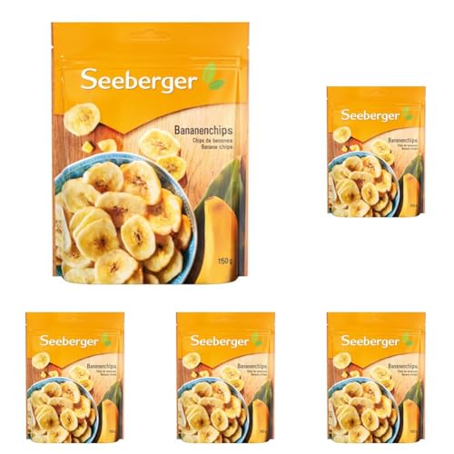 Seeberger Bananenchips: Frische Bananenscheiben in feinem Kokosöl zu knusprigen Chips gebacken - aufregend bananig - gesüßt - ohne Aroma, vegan (1 x 150 g) (Packung mit 5) von Seeberger