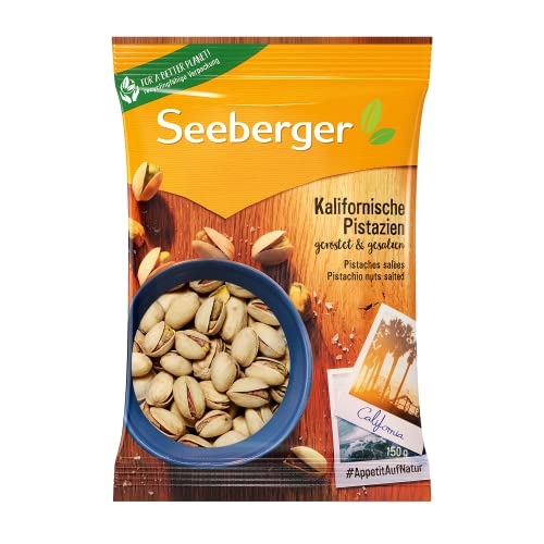 Seeberger Pistazien geröstet & gesalzen, Knackige Pistazienkerne aus Kalifornien feinstens veredelt - intensiv-nussiges Aroma - mit Schale, vegan (1 x 150 g) von Seeberger