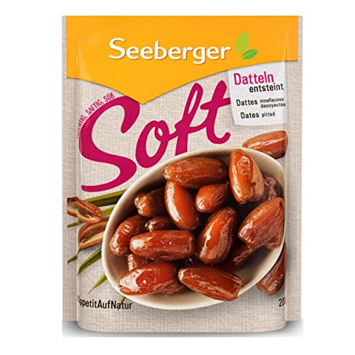 Seeberger Soft-Datteln entsteint: Cremig süße Datteln der Sorte "Deglet Nour" mit warmer Honig-Note - zum Süßen und Snacken - getrocknet & pasteurisiert - ohne Zuckerzusatz, vegan (1 x 200 g) von Seeberger