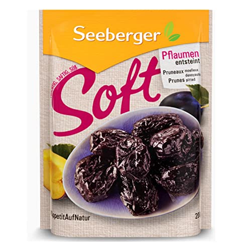 Seeberger Soft-Pflaumen: Fruchtig-saftige Pflaumen mit süßem Fruchtfleisch - ideal zum Mitnehmen - essfertig, entsteint & getrocknet - ohne Zuckerzusatz, vegan (1 x 200 g) 1er Pack von Seeberger