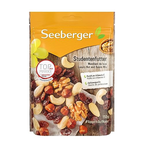 Seeberger Studentenfutter 12er Pack: Klassische Nuss-Frucht-Mischung aus Haselnusskernen, Mandeln, Walnüssen & Cashewkernen, mit Rosinen - reich an Vitamin E, vegan (12 x 150 g) von Seeberger