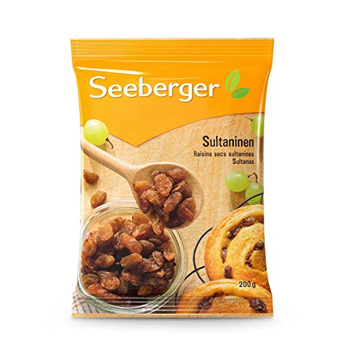 Seeberger Sultaninen: Helle süß-fruchtige Sultana Rosinen aus der Türkei - als Backzutat, Snack und zum Verfeinern von Gerichten - ungeschwefelt, vegan (1 x 200 g) von Seeberger