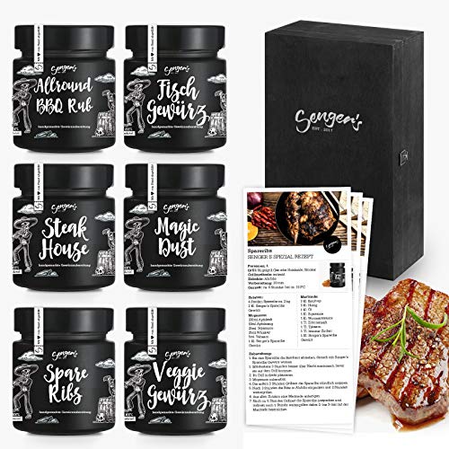 Senger's Premium Grillgewürz Set – hochwertige BBQ Grill Gewürze für Fisch, Fleisch und Gemüse – das Geschenk für alle Männer - Steak, Gemüse, Fisch, Magic Dust, Spareribs, Allround BBq Rub je 50g von Senger's