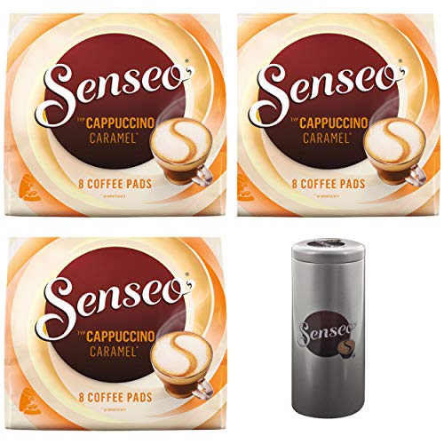 Senseo Kaffeepads Premium Set Cappuccino Caramel / Karamell, 3er Pack, Kaffee mit Karamellgeschmack, je 8 Pads, mit Paddose von Senseo