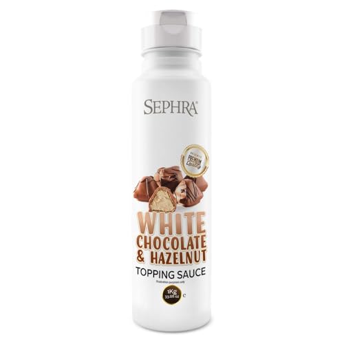 Sephra White Chocolate Hazelnut Dessert Topopping Sauce 1kg - Praktische Quetschflasche - Sirup für Eis, Waffeln, Pfannkuchen, Crepes, Milchshakes, Smoothies, Sorbets, Frappes, Kuchen oder Dipping von Sephra