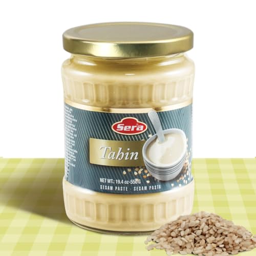 Sera Sesame Tahini 550 gr im Glas - Natürliche Sesampaste - Ungeschält und mit Stein Gemahlen - Seidig Glatte Textur in Hummus, Dips, Dressings von Sera