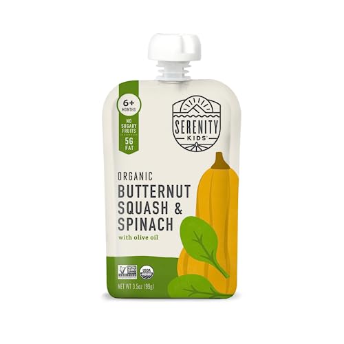 Serenity Kids Veggie Püree Babynahrungsbeutel, USDA Bio, ohne zuckerhaltige Früchte/Zuckerzusatz, BPA- und allergenfreier Beutel, Butternusskürbis und Spinat, 6 Stück, Butternusskürbis Babynahrung von Serenity Kids