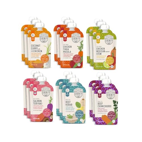 Serenity Kids World Explorers Babynahrungsbeutel, Püree mit ethisch unbedenklichem Fleisch und Organisation, Gemüse, 100 ml, BPA-freier Beutel, World Explorers Variety Pack, 18 Stück, von Serenity Kids