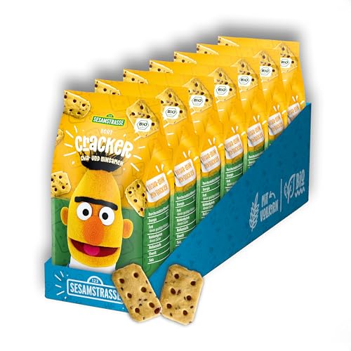 Sesamstrasse Bio Chia Samen Leinsamen Cracker Bert, 7 x 125g Beutel, Cracker Großpackung, herzhafter veganer Bio Snack als Knabberartikel für Kinder und Erwachsene, bio, vegan von Sesamstrasse