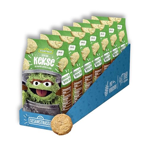 Sesamstrasse Bio Haferkekse Oskar mit Apfel und Zimt, Hafer Kinderkekse, 7 x 125g Beutel, Kekse Großpackung, leckere Snacks als Knabberartikel aus kontrolliert biologischem Anbau, bio, vegan von Sesamstrasse