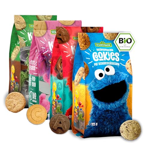 Sesamstrasse Probierpaket Bio Kekse, 4 x 125g Beutel, mit Krümelmonster Schokokekse, Elmo Dinkelkekse, Abby Haferkekse mit Vanille & Oskar Apfel-Zimt Kekse, Großpackung, bio von Sesamstrasse