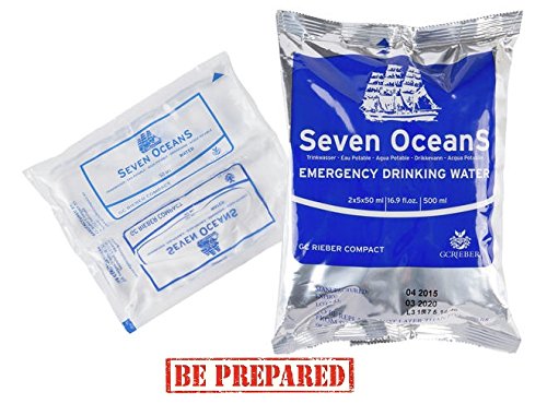 Nahezu unzerstörbare Trinkwasserkonserve im super Surivalpack, Seven Oceans, Emergency Drinking Water, 5 x 100ml Trinkwasser, unbegrenzt haltbar, ohne chemische Zusätze von Seven Oceans