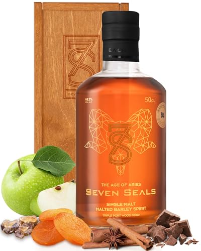 Seven Seals The Age of Aries Premium Single Malt 0,5 l Geschenkset mit Holzbox | Aroma & Geschmack: grüne Äpfel, Aprikosen, Schokolade, Karamell | Präsent für Sternbild Widder | 49.7% Alkohol von Seven Seals