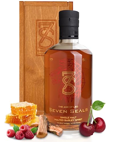 Seven Seals - The Age of Leo Premium Single Malt 0,5 I Geschenkset mit Holzbox I Wunderbar intensives & fruchtiges Aroma I Angenehm holziger Geschmack I 49,7% Alkohol von Seven Seals