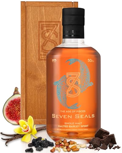 Seven Seals The Age of Pisces Premium Single Malt 0,5 l Geschenkset mit Holzbox | Aroma & Geschmack: Feigen, Nüsse, Gewürze, Vanille, Schokolade | Geschenk für Sternbild Fische | 49.7% Alkohol von Seven Seals