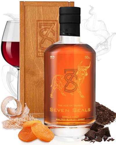 Seven Seals The Age of Taurus Premium Single Malt 0,5 l Geschenkset mit Holzbox | Aroma & Geschmack: holzig, rauchig, erdig & intensiv, kräftig | Tolles Geschenk für Sternbild Stier | 49.7% Alkohol von Seven Seals