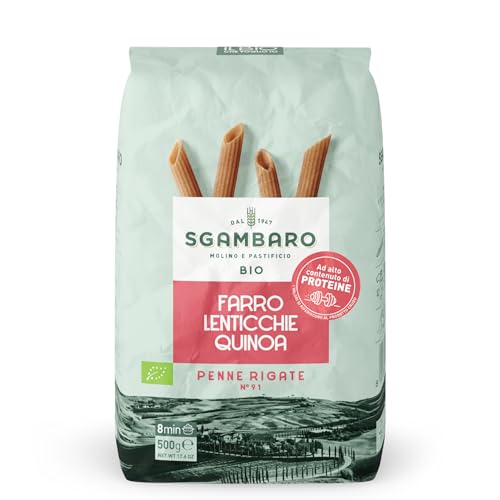 Sgambaro Bio Pasta Penne Rigate N.91-500 g aus Dinkelmehl, Linsenmehl und Quinoamehl – Proteinreich und mit niedrigem glykämischen Index von Sgambaro