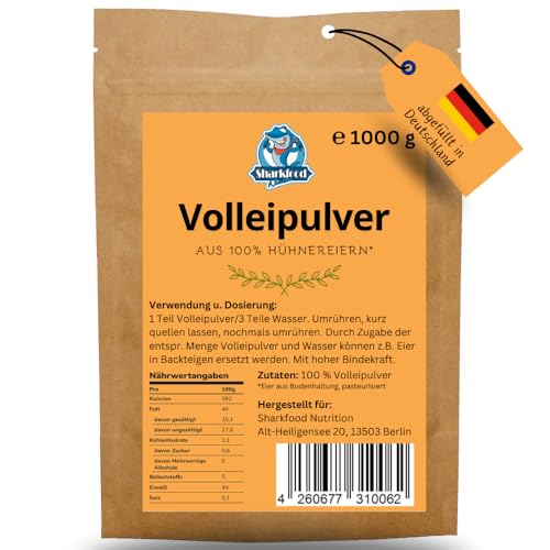 Volleipulver 1 KG - Ei-Pulver aus frischem Hühnervollei - ideal zum Backen & Kochen von diversen Rezepten, beliebt für Rührei - lange haltbar, hohe biologische Wertigkeit - 1 x 1000 g von Sharkfood Nutrition