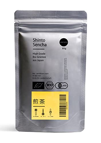 Shinto - 80g Bio Sencha Tee High Grade - JAS zerifizierter Grüner Tee aus 1. Ernte (Ichibancha) - Sencha Grüner Tee Bio hergestellt mit Jikagise-Technik - Grüner Tee lose per Direktimport aus Japan von Shinto