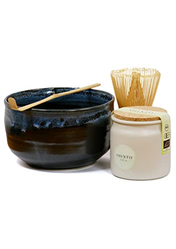 Matcha Tee Set Shinto® Gold - Super Premium Bio Matcha Tee - beschattet & handgepflückt aus Uji Japan inkl. handgefertigter Schale, Besen & Löffel für die traditionelle japanische Teezeremonie von Shinto