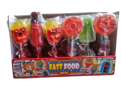 Lutscher Fast Food Lollipops, Fruchtgeschmack, 30 Stück, 450g, Lollies in Form von Donuts, Pommes Frites, Eis und Cola-Flasche von Shipsy