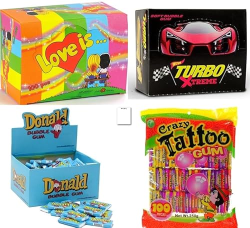 Retro Mega Box 100 x Turbo Kaugummi, 100 x Donald Chewing Gum, 100 x Love is Kaugummi, 100 x Crazy Tattoo Wassertattoo, Total 400 stuck + Shipsy Block von Shipsy