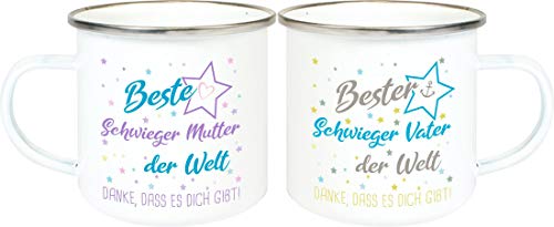 ShirtInStyle, Geschenkset, Emaillen Tassenset beste Schwieger Mutter, bester Schwieger Vater der Welt, danke das es dich gibt! Farbe weiß von ShirtInStyle