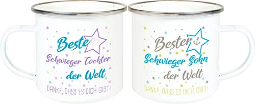 ShirtInStyle, Geschenkset, Emaillen Tassenset beste Schwieger Tochter, bester Schwieger Sohn der Welt, danke das es dich gibt! Farbe weiß von ShirtInStyle