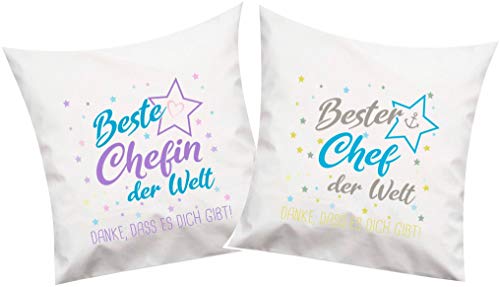 ShirtInStyle, Geschenkset, Kissenset beste Chefin, bester Chef der Welt, danke das es dich gibt! Farbe weiß von ShirtInStyle