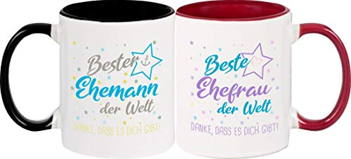 ShirtInStyle, Geschenkset, Tassenset beste Ehefrau, bester Ehemann der Welt, danke das es dich gibt! Farbe weinrot und schwarz von ShirtInStyle