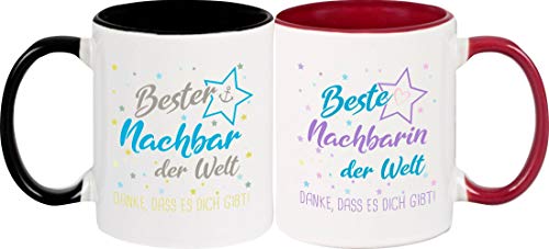 ShirtInStyle, Geschenkset, Tassenset beste Nachbarin, bester Nachbar der Welt, danke das es dich gibt! Farbe weinrot und schwarz von ShirtInStyle