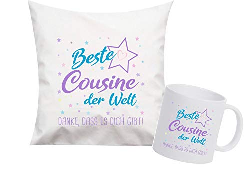 ShirtInStyle, Geschenkset, beste Cousine der Welt, danke das es dich gibt! Kissen- und Tasse als Set Farbe weiß von ShirtInStyle