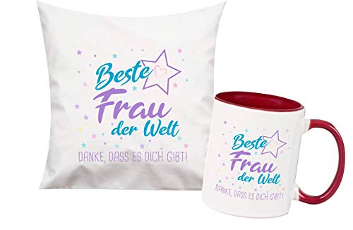 ShirtInStyle, Geschenkset, beste Frau der Welt, danke das es dich gibt! Kissen- und Tasse als Set Farbe weinrot von ShirtInStyle